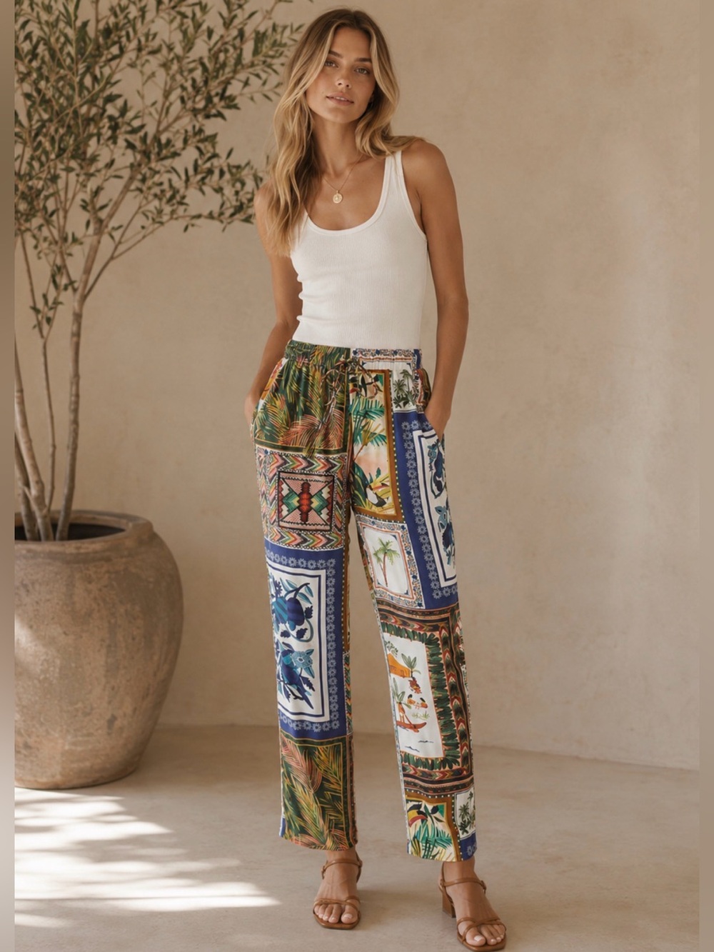 Farm Rio Tropical Patchwork Drawstring Pants XL Toucan Jungle Print